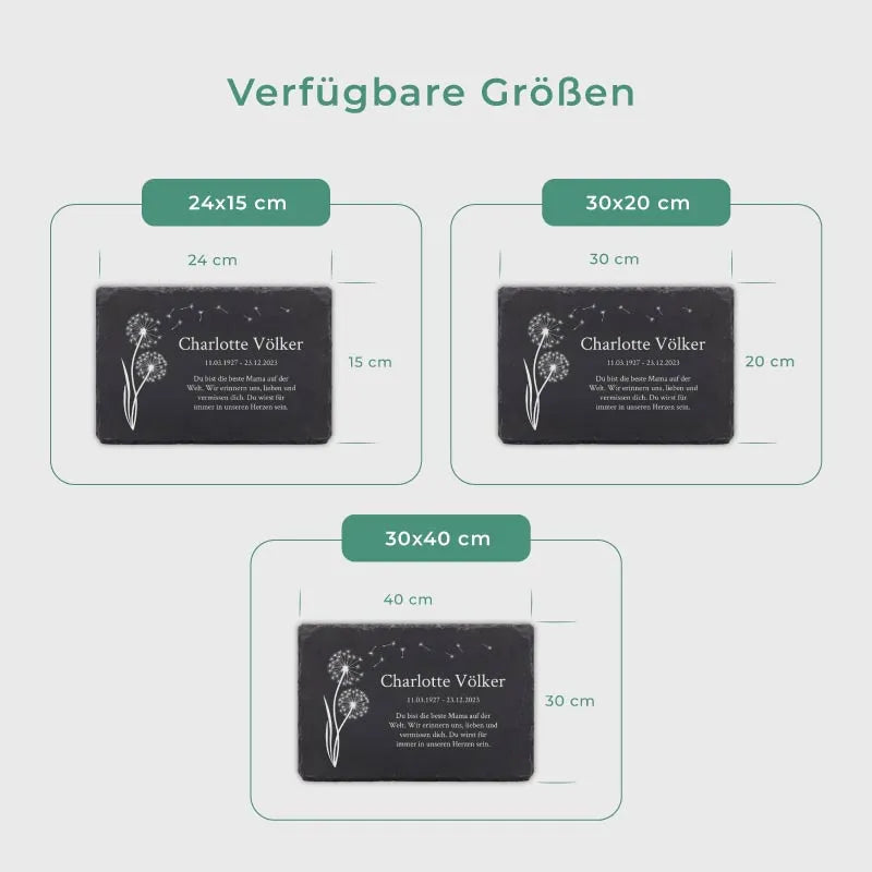 Personalisierter Grabstein für zuhause - Pusteblume, 3 Größen | Mini Grabstein Tafel